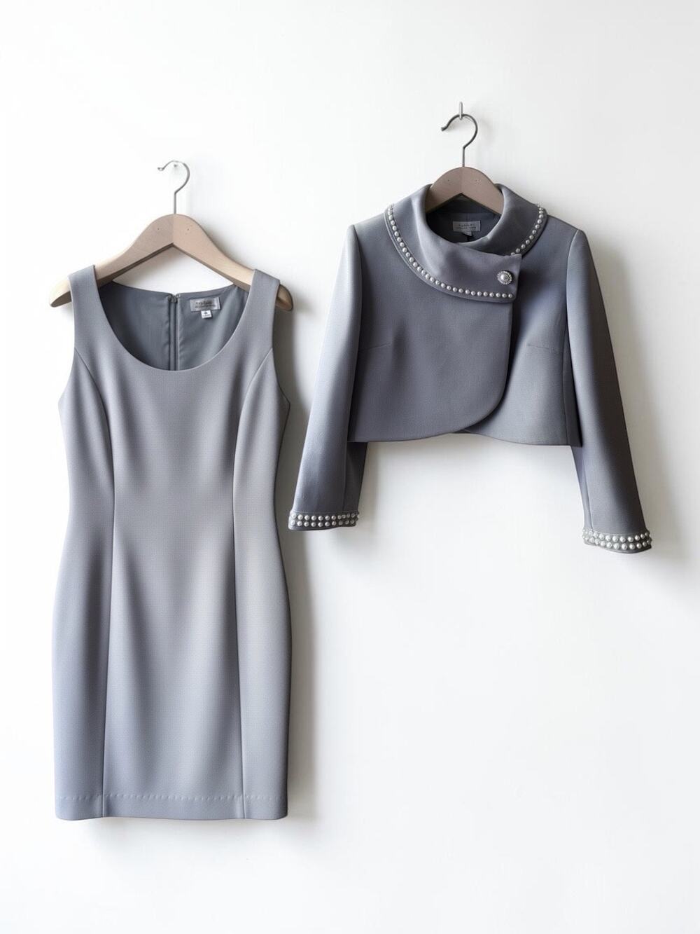 Tahari ASL Beaded Jacket & Sheath Dress Suit Set Size 8, Gray